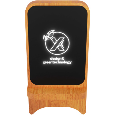 Logotrade Geschäftsgeschenke das Foto: SCX.design W16 kabelloser 10-Watt-Ladeständer aus Holz mit Leuchtlogo