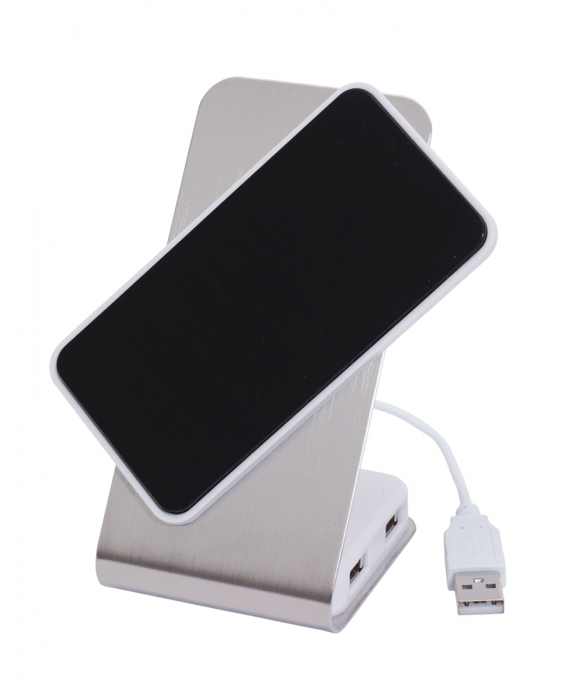 Logo trade advertising products image of: Phone holder with USB Hub, Database, silver/black