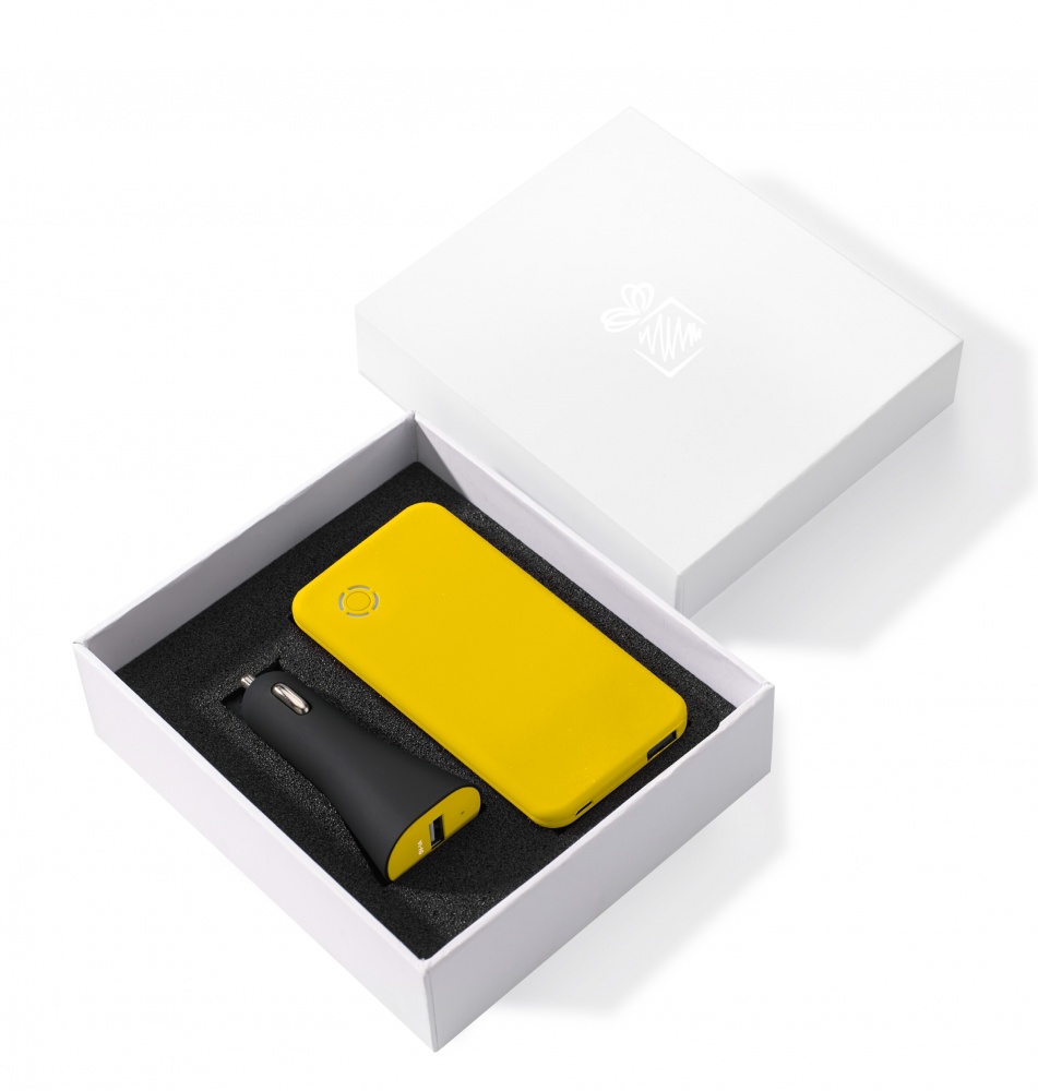 Logo trade business gifts image of: SET: RAY POWER BANK 4000 mAh &CAR CHARGER RUBBY, yellow
