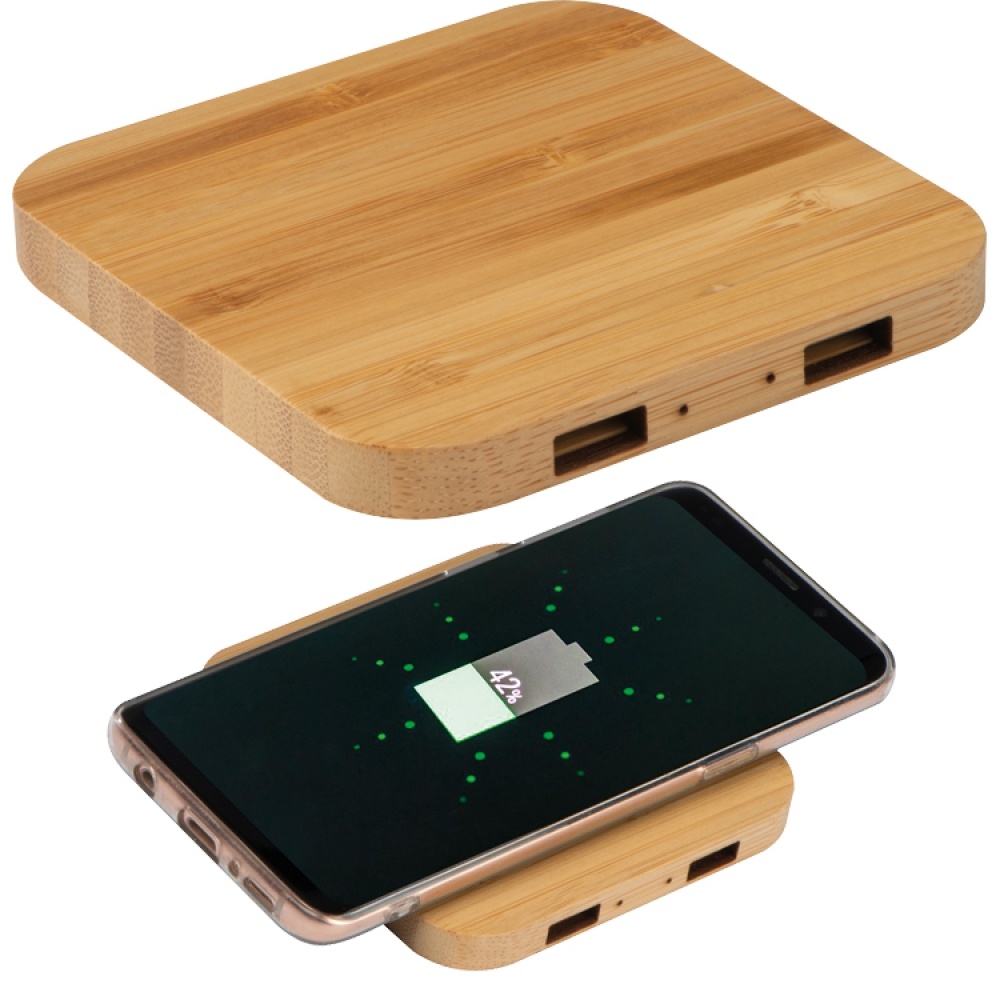 Logo trade promotional gifts image of: Bamboo Wireless Charger with 2 USB ports, Beige