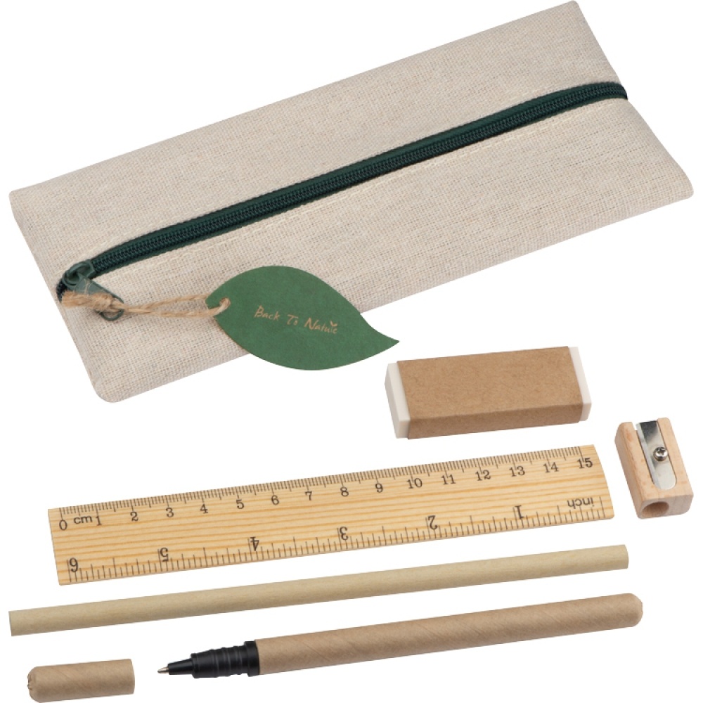 Logotrade corporate gift image of: Writing set with ruler, eraser, sharpener, pencil and rollerball