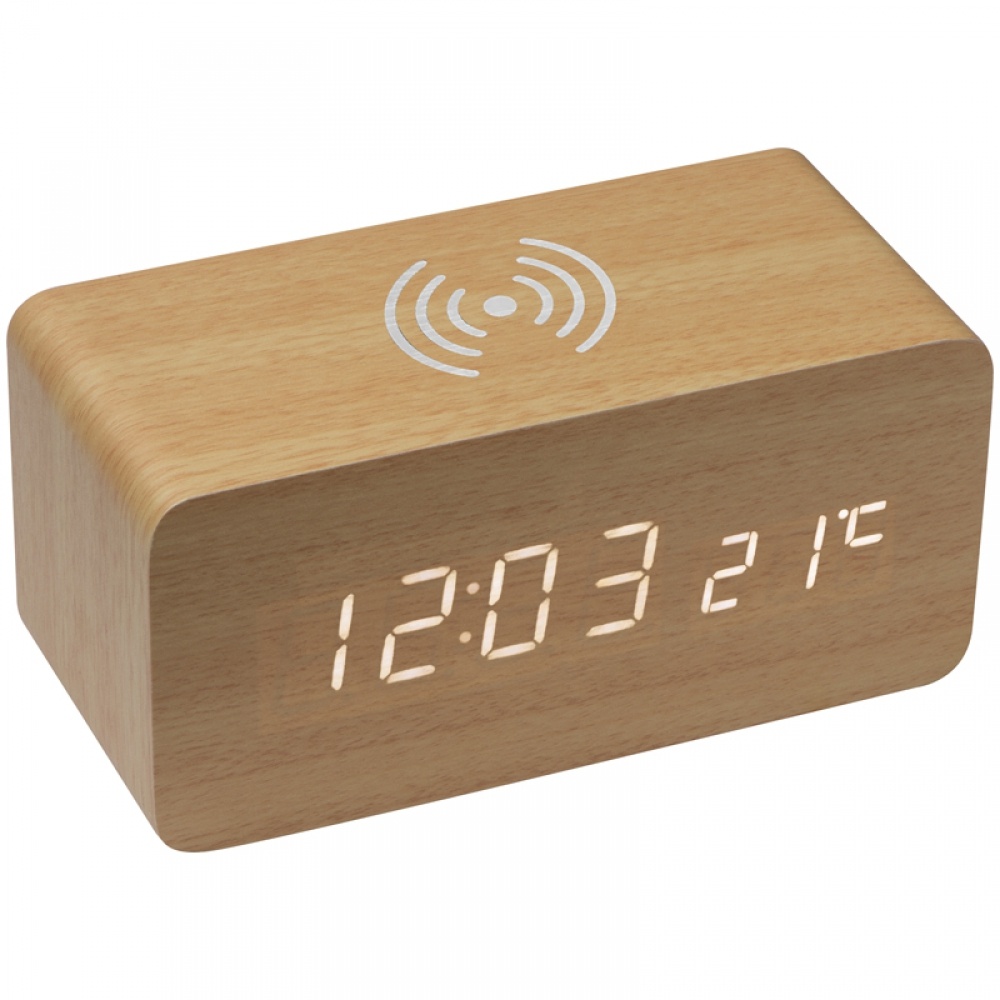 Logo trade promotional product photo of: Desk clock with integrated wireless charger, beige