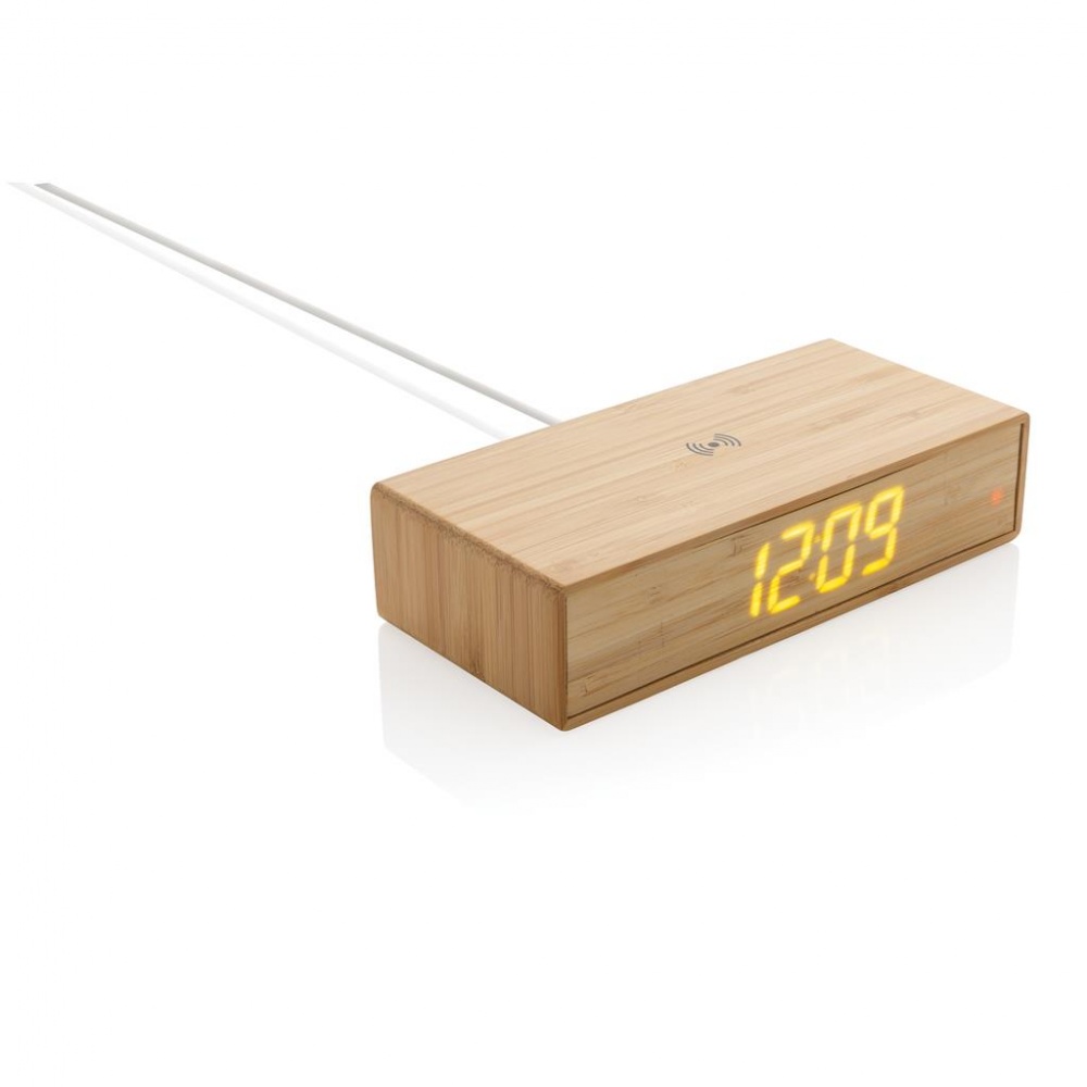 Logotrade business gifts photo of: Bamboo alarm clock with 5W wireless charger, brown