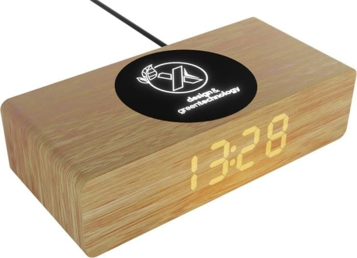 Logotrade promotional item image of: Wireless wooden charging station  and clock W30 10W - Natural ,black