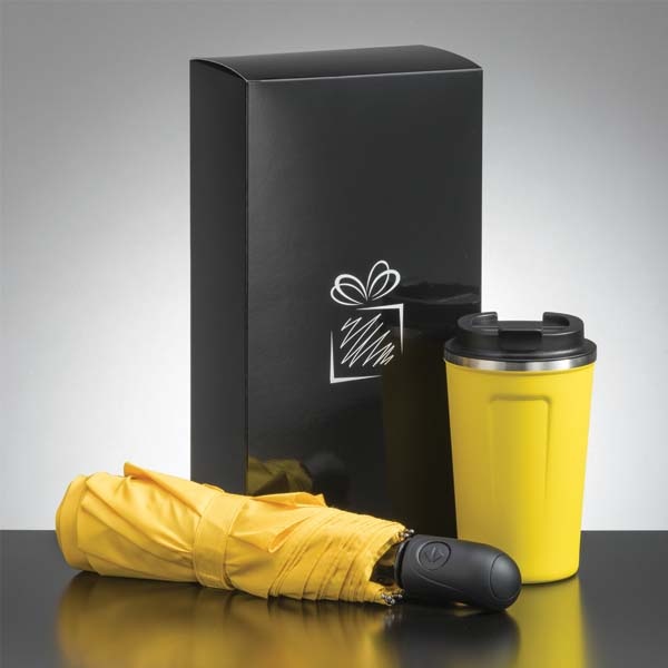 Logotrade promotional product image of: Traveller set: thermal mug 350 ml and full automatic umbrella, yellow