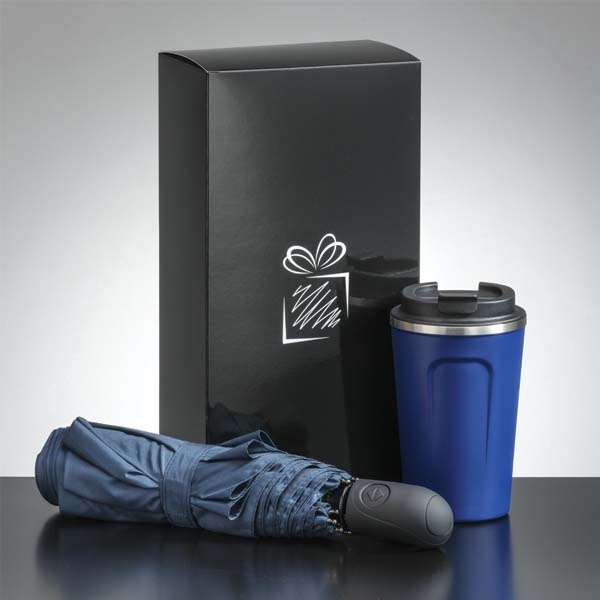 Logo trade promotional item photo of: Traveller set: thermal mug 350 ml and full automatic umbrella, blue