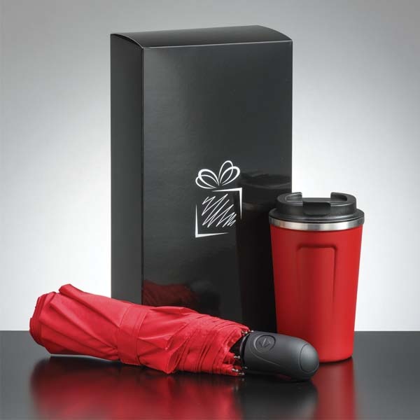 Logotrade promotional giveaway image of: Traveller set: thermal mug 350 ml and full automatic umbrella, red