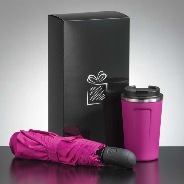 Logo trade advertising products picture of: Traveller set: thermal mug 350 ml and full automatic umbrella, pink