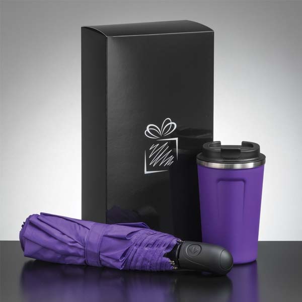 Logo trade promotional gifts image of: Traveller set: thermal mug 350 ml and full automatic umbrella, purple