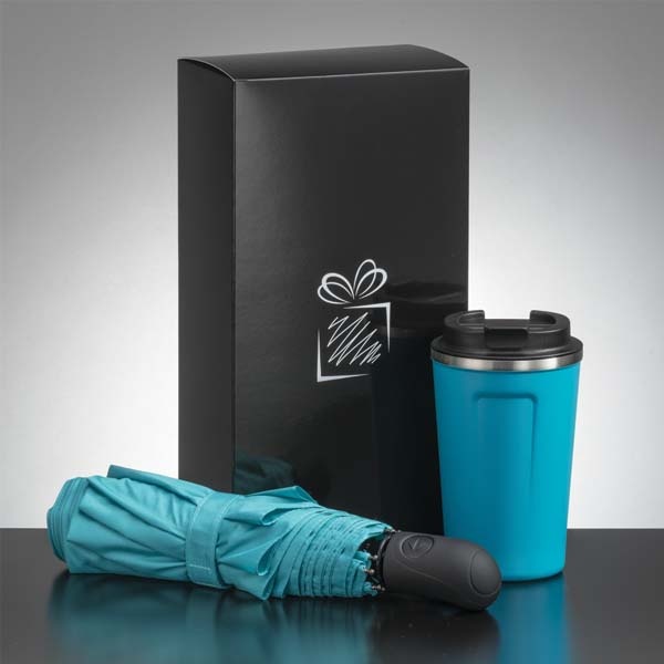 Logo trade promotional giveaways image of: Traveller set: thermal mug 350 ml and umbrella, turquoise