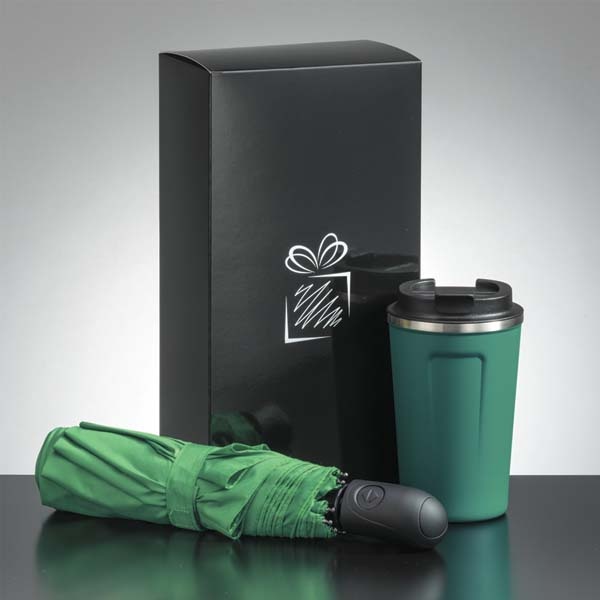 Logo trade promotional giveaways image of: Traveller set: thermal mug 350 ml and full automatic umbrella, green