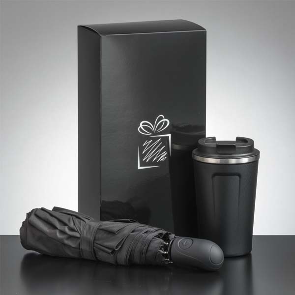 Logotrade business gifts photo of: Traveller set: thermal mug 350 ml and full automatic umbrella, black