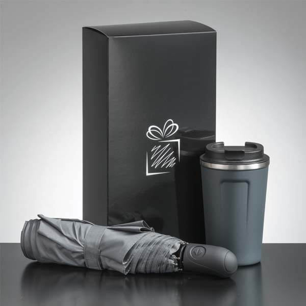 Logo trade advertising product photo of: Traveller set: thermal mug 350 ml and full automatic umbrella, gray