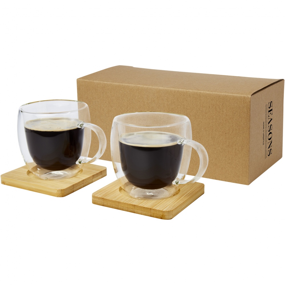 Logotrade advertising product picture of: Manti 2-piece 250 ml double-wall glass cup with bamboo coaster 