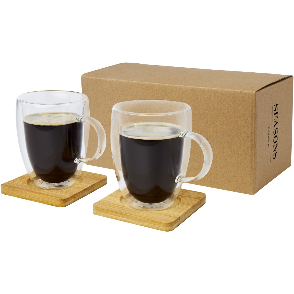 Logotrade promotional product picture of: Manti 2-piece 350 ml double-wall glass cup with bamboo coaster 