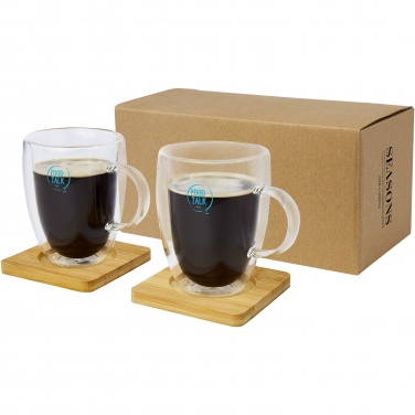 Logotrade promotional item picture of: Manti 2-piece 350 ml double-wall glass cup with bamboo coaster 