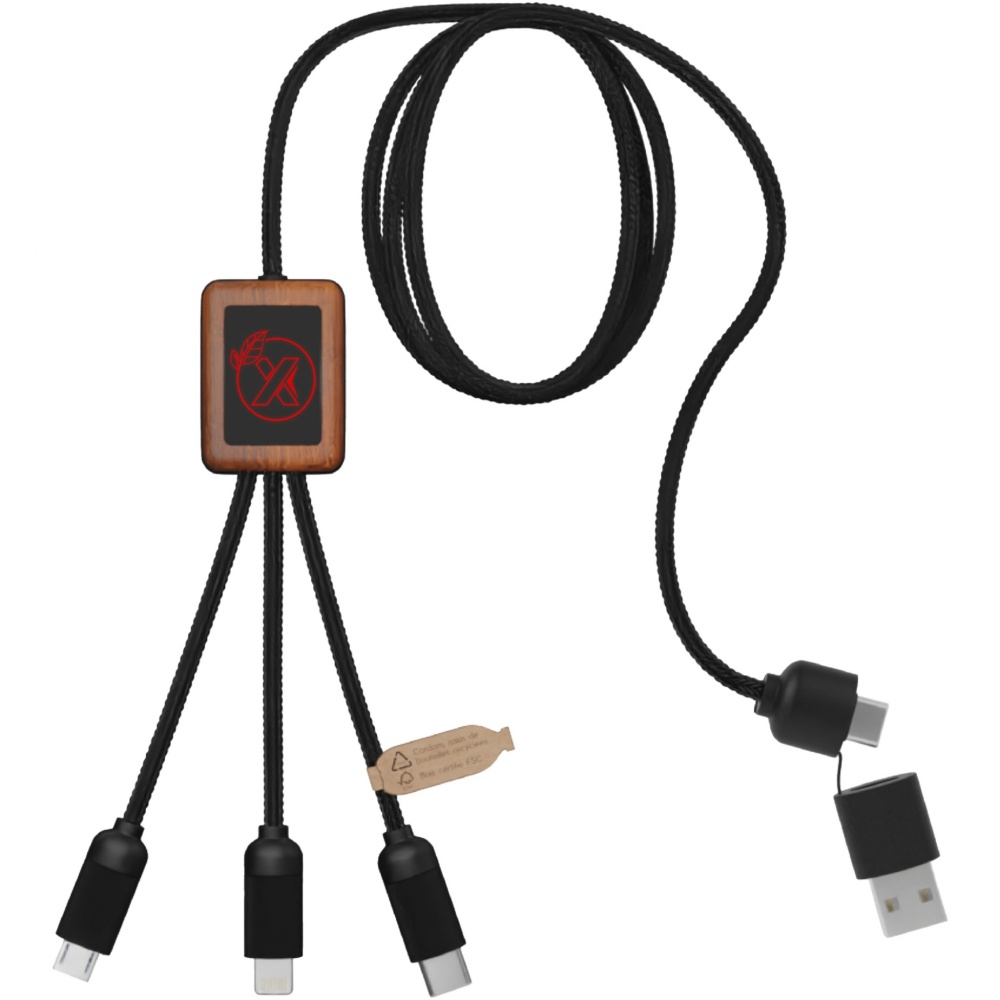 Logotrade promotional items photo of: SCX.design C38 5-in-1 rPET light-up logo charging cable with squared wooden casing