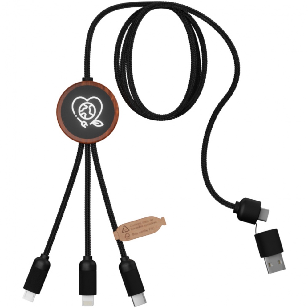 Logo trade promotional gift photo of: SCX.design C37 5-in-1 rPET light-up logo charging cable with round wooden casing