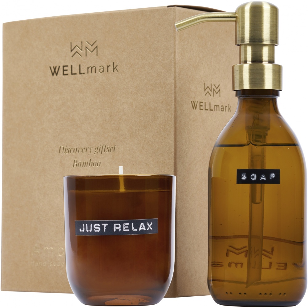 Logo trade promotional gifts picture of: Wellmark Discovery 200 ml hand soap dispenser and 150 g scented candle set - bamboo fragrance