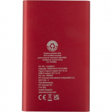 Logo trade promotional product photo of: Pep 4000 mAh Type-C recycled aluminium power bank 