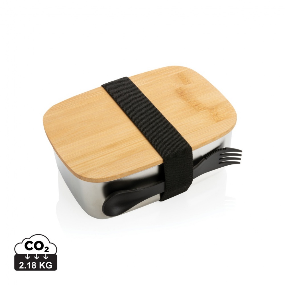 Logotrade promotional item picture of: Stainless steel lunchbox with bamboo lid and spork