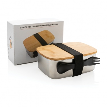 Logo trade promotional items image of: Stainless steel lunchbox with bamboo lid and spork