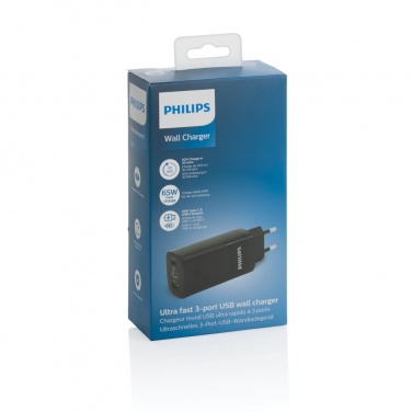 Logo trade corporate gifts image of: Philips 65W ultra fast PD 3-port USB wall charger