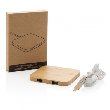 Logo trade promotional merchandise image of: Bamboo 5W wireless charger with USB