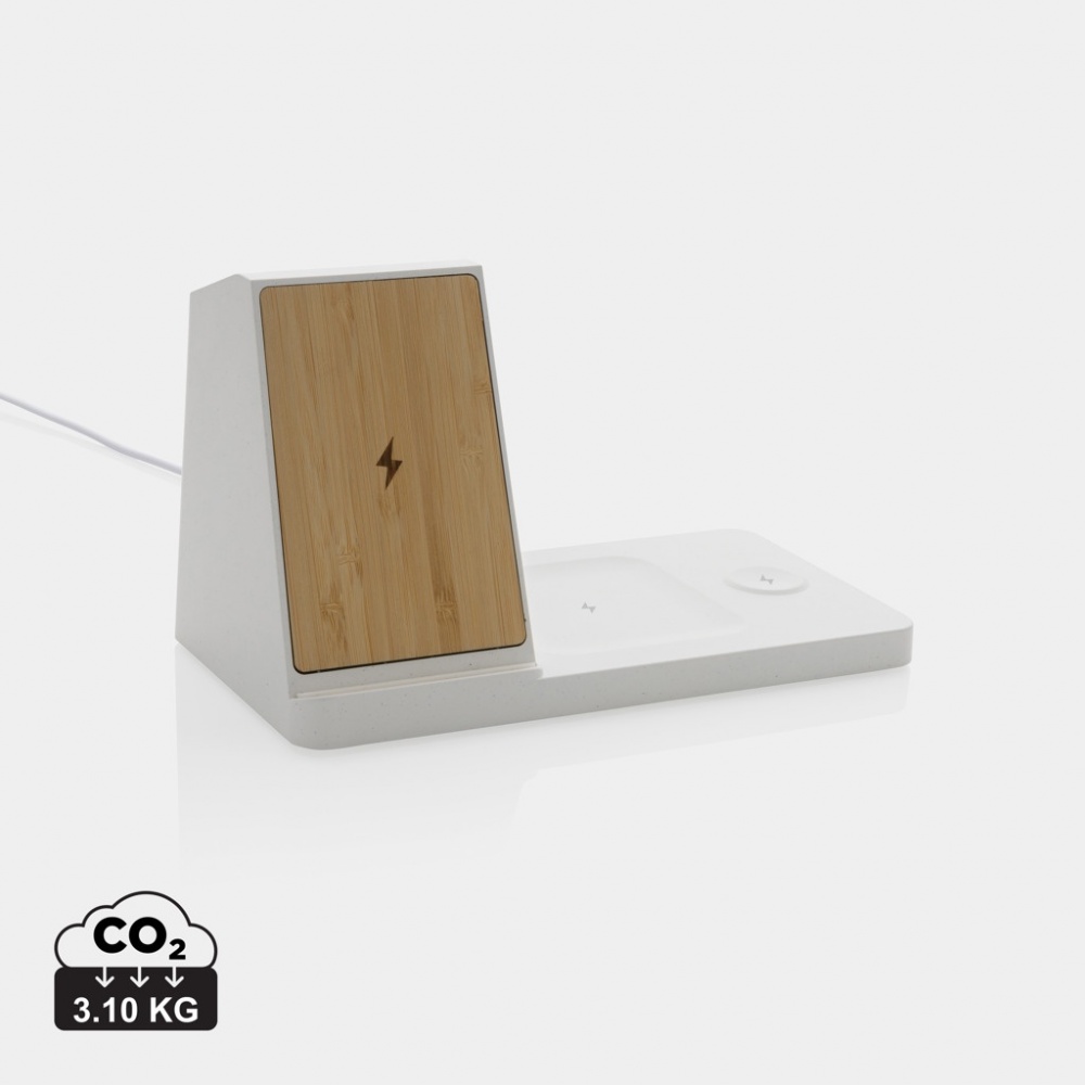 Logo trade advertising product photo of: Ontario recycled plastic & bamboo 3-in-1 wireless charger