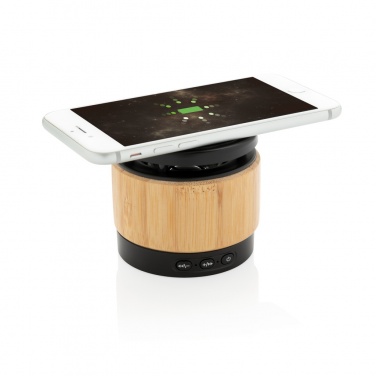 Logo trade corporate gifts image of: Bamboo wireless charger speaker