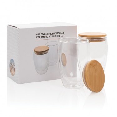 Logo trade business gifts image of: Double wall borosilicate glass with bamboo lid 350ml 2pc set