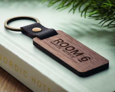 Logo trade promotional giveaways image of: Key ring in walnut and PU Kokkola