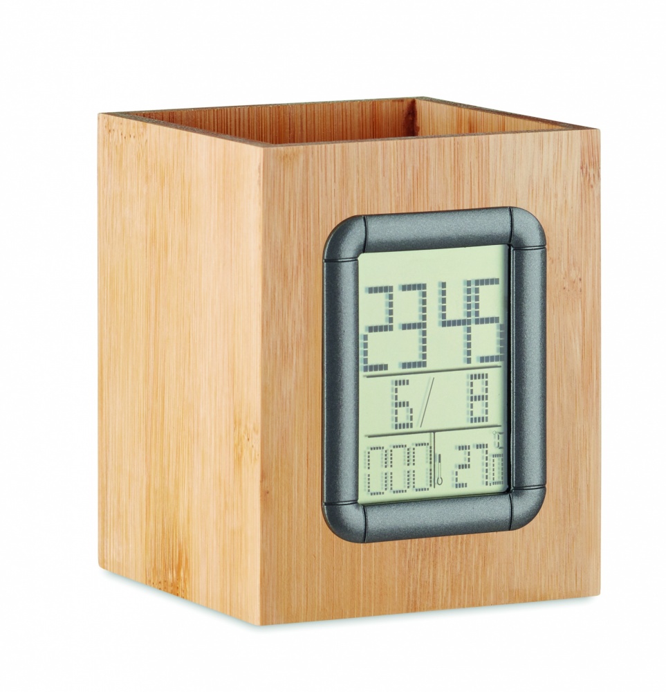 Logo trade promotional gifts picture of: Bamboo pen holder and LCD clock