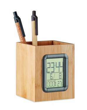 Logo trade promotional giveaways picture of: Bamboo pen holder and LCD clock