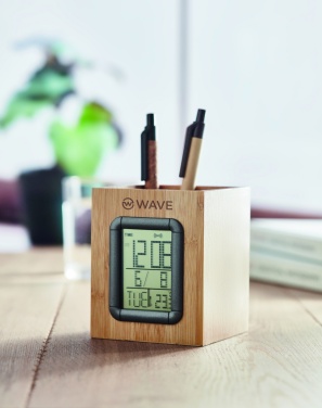 Logo trade promotional giveaways image of: Bamboo pen holder and LCD clock