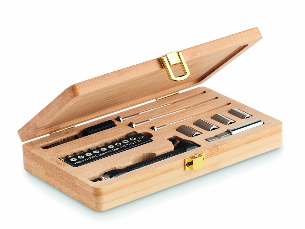 Logo trade advertising product photo of: 21 pcs tool set in bamboo case