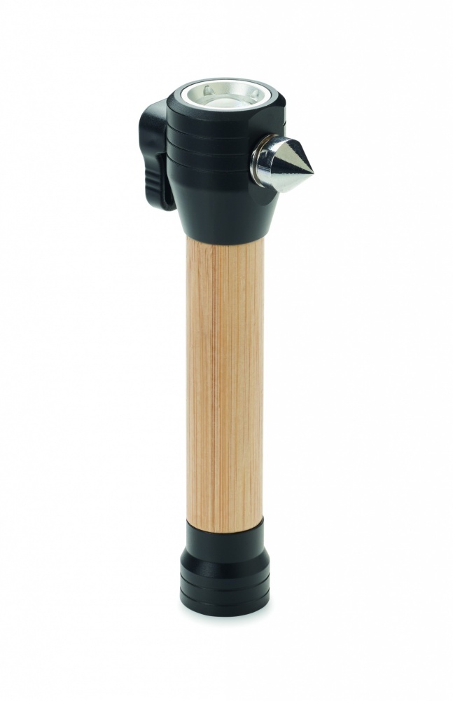 Logo trade promotional gift photo of: 3-in-1 bamboo flashlight with an emergency hammer and seatbelt cutter