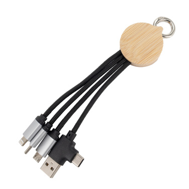 Logo trade promotional merchandise photo of: 4-in-1 cable with elighted logo in a wooden casing, LH-ZMU05