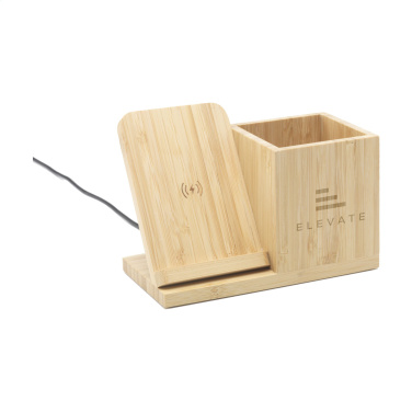 Logo trade corporate gifts image of: Bamboo Boss 15W charger/pen holder