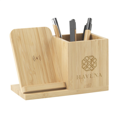 Logo trade business gift photo of: Bamboo Boss 15W charger/pen holder