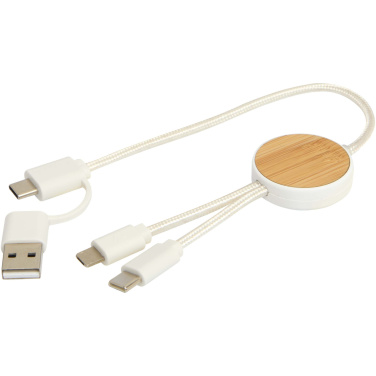 Logo trade business gifts image of: Chechia 5-in-1 recycled plastic 30 cm data sync and 27W fast charge cable with bamboo details