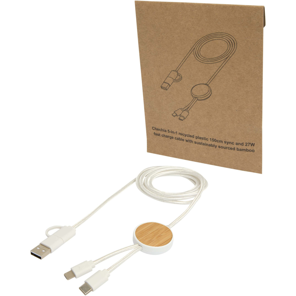 Logo trade promotional product photo of: Chechia 5-in-1 recycled plastic 150 cm data sync and 27W fast charge cable with bamboo details