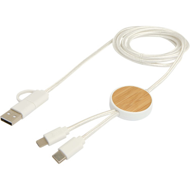 Logo trade advertising products image of: Chechia 5-in-1 recycled plastic 150 cm data sync and 27W fast charge cable with bamboo details