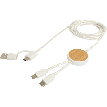 Logo trade promotional giveaways picture of: Chechia 5-in-1 recycled plastic 150 cm data sync and 27W fast charge cable with bamboo details