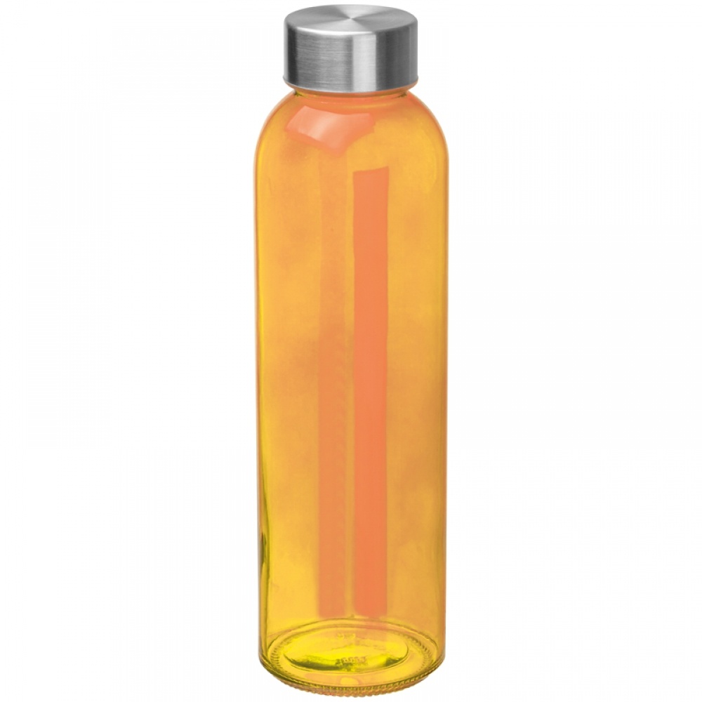 Logo trade reklaamkingitused foto: Klaasist veepudel lekkekindla korgiga, oranž