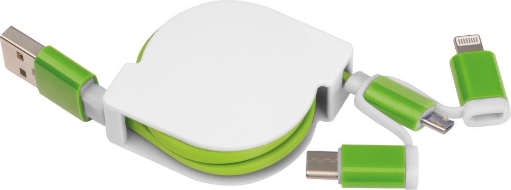 Logo trade ärikingi pilt: Laadimiskaabel pikendusega 3 erineva otsaga, roheline