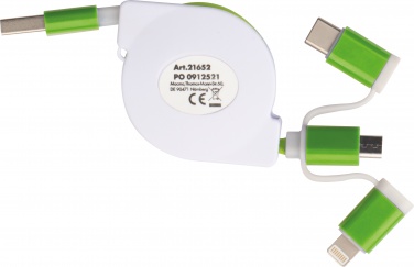Logotrade liikelahja mainoslahja kuva: Latauskaapeli jatkeella, 3 erilaista pistoketta, vihreä