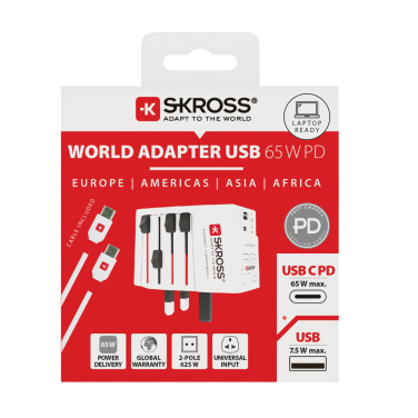 Logotrade mainoslahjat ja liikelahjat tuotekuva: SKROSS World Travel adapteri MUV 65W PD USB C -kaapelilla