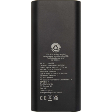 Logo trade liikelahja kuva: Acamar 20 000 mAh:n ja 70 W:n kannettavan tietokoneen varavirtalähde kierrätetystä alumiinista