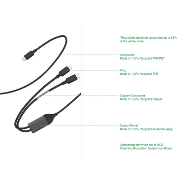 Logotrade mainoslahjat ja liikelahjat tuotekuva: Terra 100 W RCS -kaapeli, kaksi USB-C-liitäntää